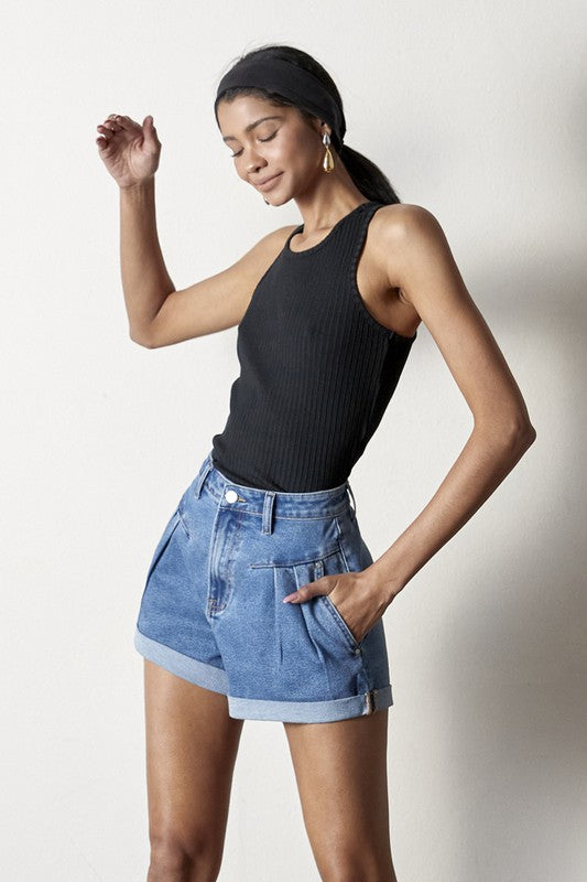 High Rise Roll Up Denim Shorts - Beloved Apparels